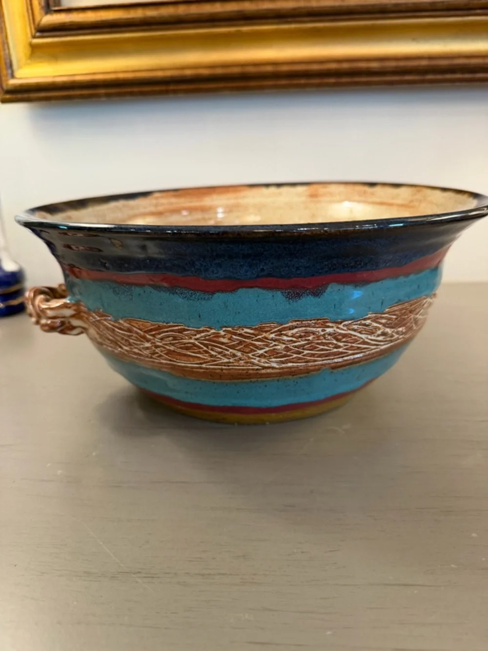 Artisan Studio Pottery Bowl Handles Blue Brown Tan Signed Muddy Hands 2007